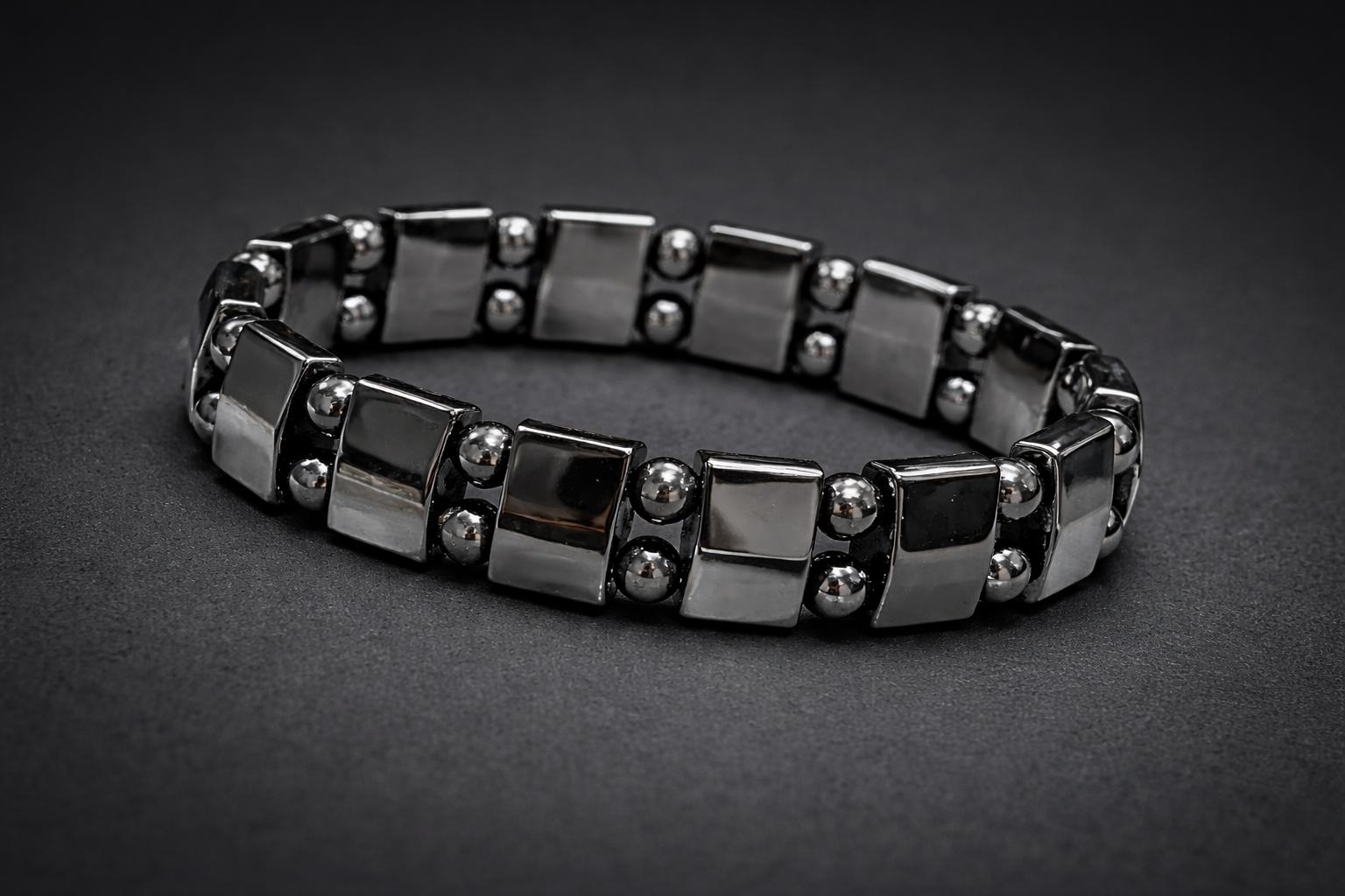 Men women BP control bracelet black metallic stretch band close up wrist shot