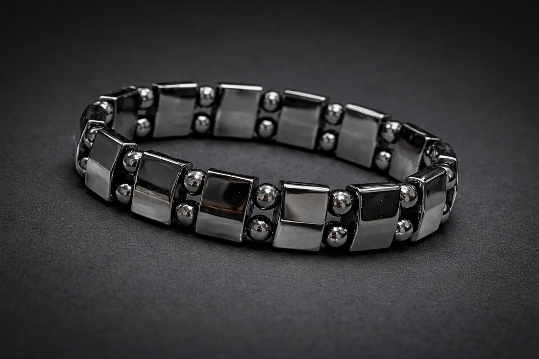 Men women BP control bracelet black metallic stretch band close up wrist shot