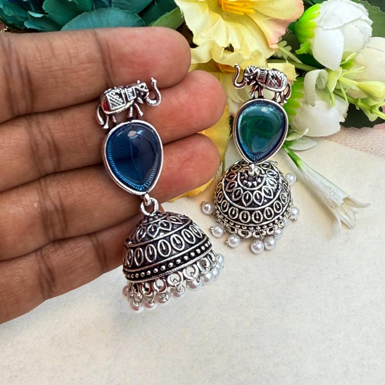 Ethnic blue stone jhumka earrings elephant motif festive wear oxidised jewellery