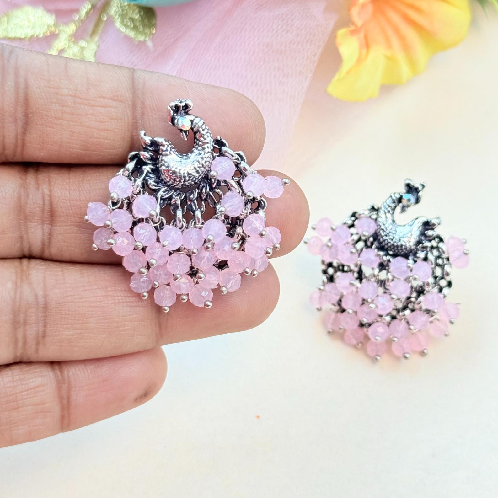 oxidised floral earrings with pink beads for women