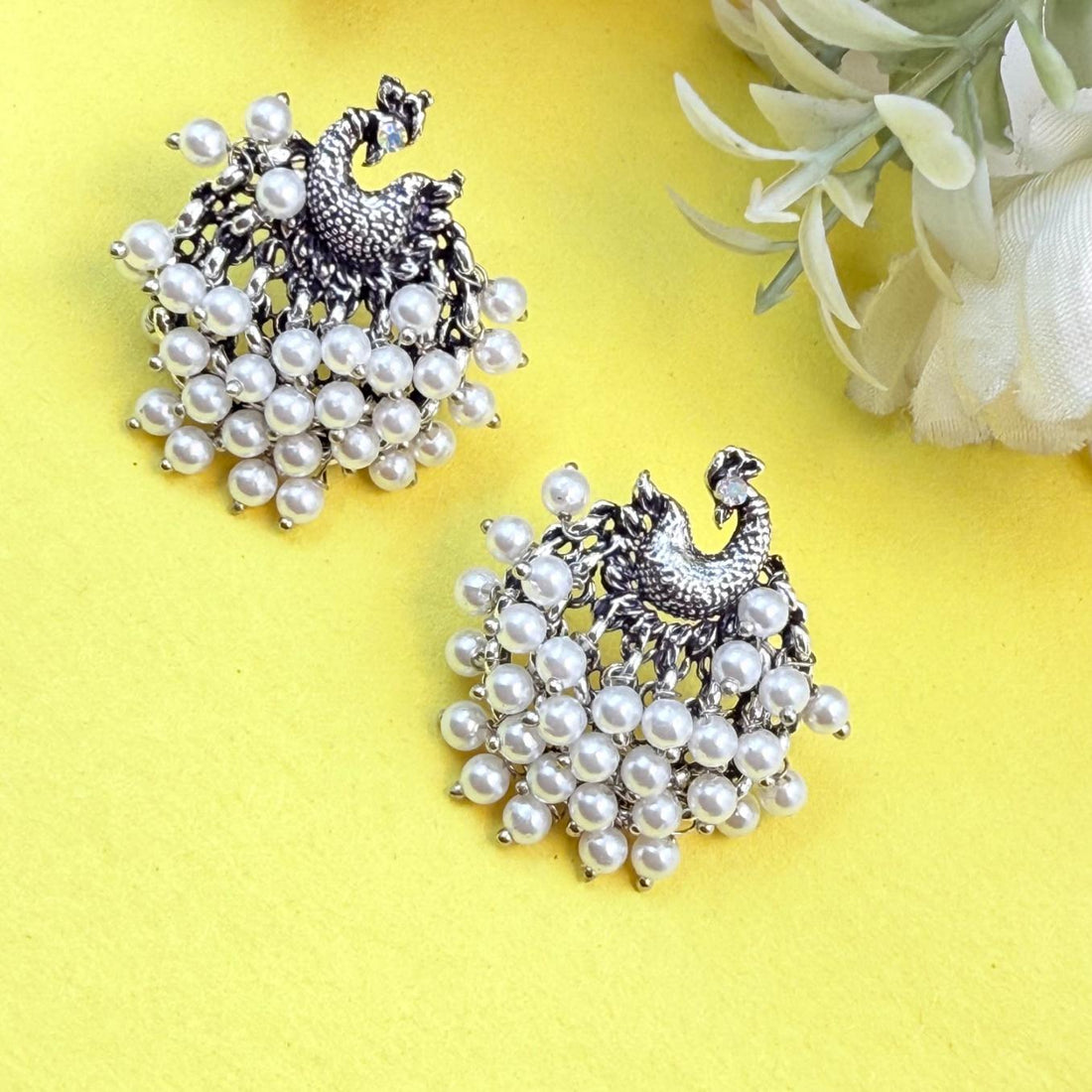 oxidised floral white pearl bead earrings for women