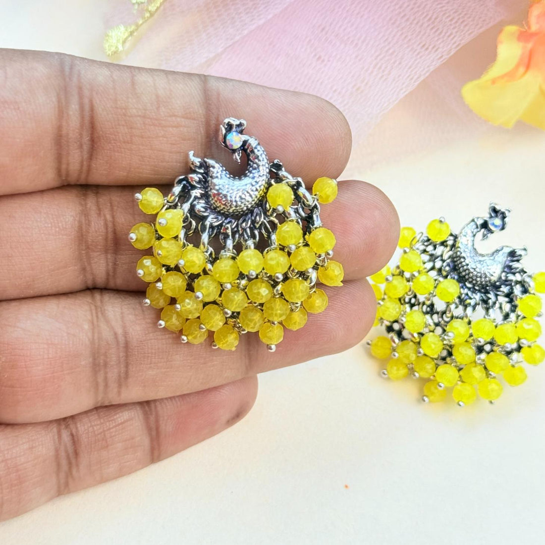 oxidised floral earrings with yellow beads for women
