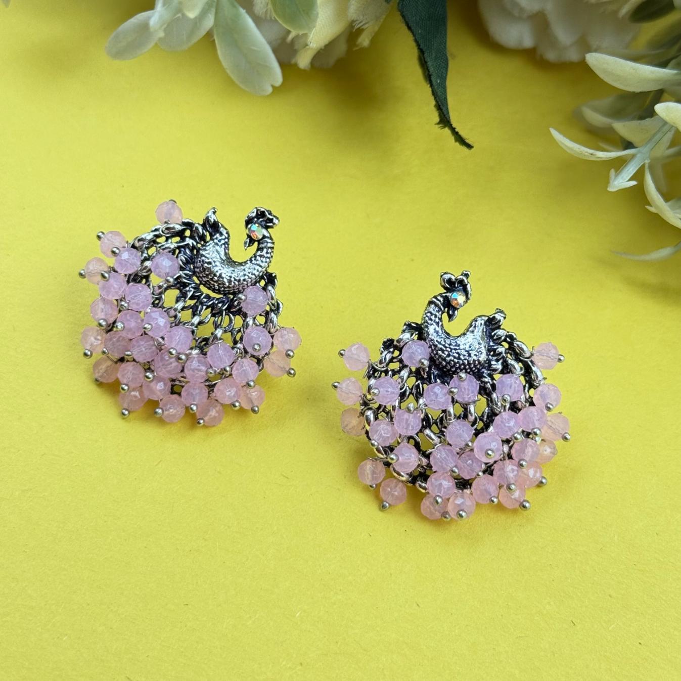 oxidised pink beaded earrings festive ethnic wear