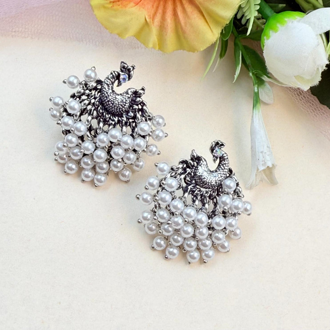 oxidised white pearl beaded earrings festive ethnic jewellery