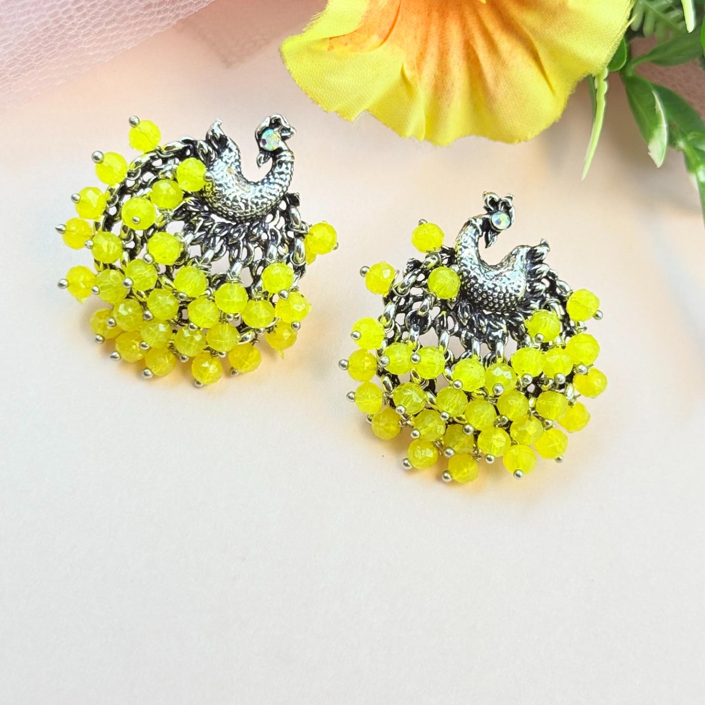 oxidised yellow beaded earrings festive wear