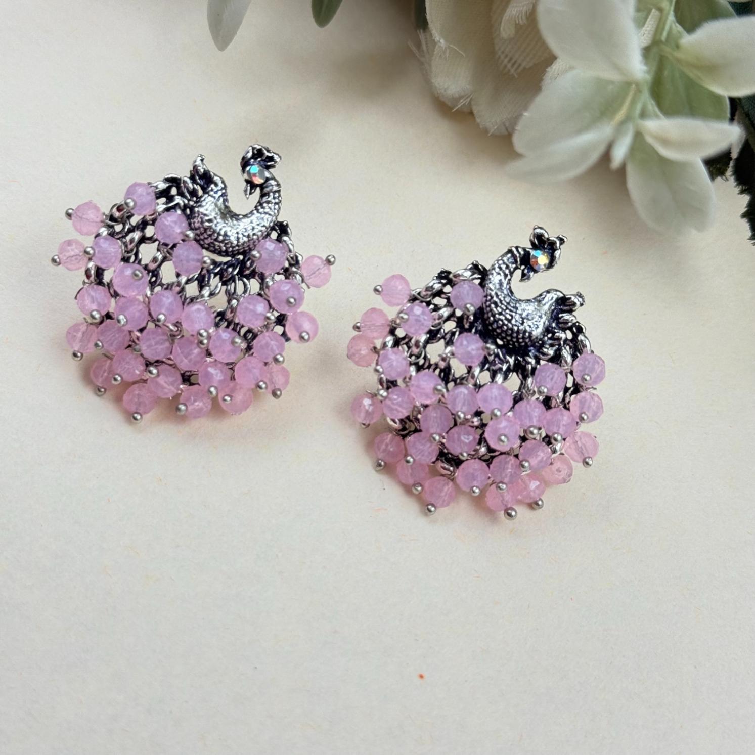 pink bead oxidised earrings floral traditional design