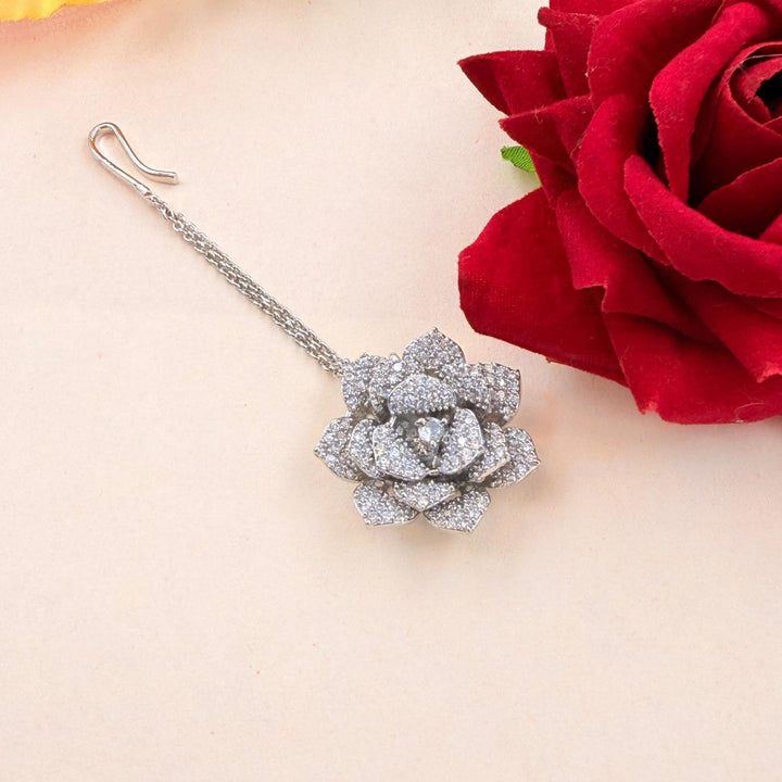 Rose silver maang tikka floral design with stone detailing for women