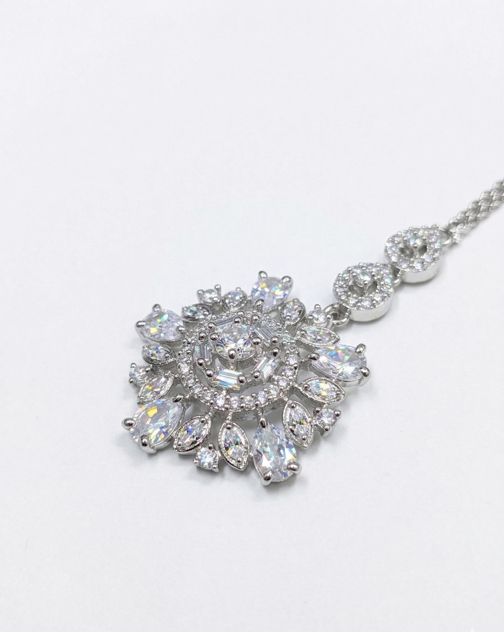 silver crystal floral pendant maangtika indian bridal hair jewellery