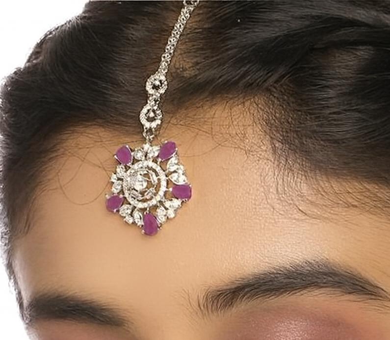 designer silver maang tikka with pink stones festive wedding accessory