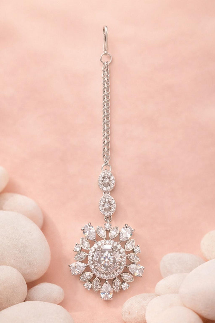 silver floral stone drop maangtika traditional hair jewelry for women