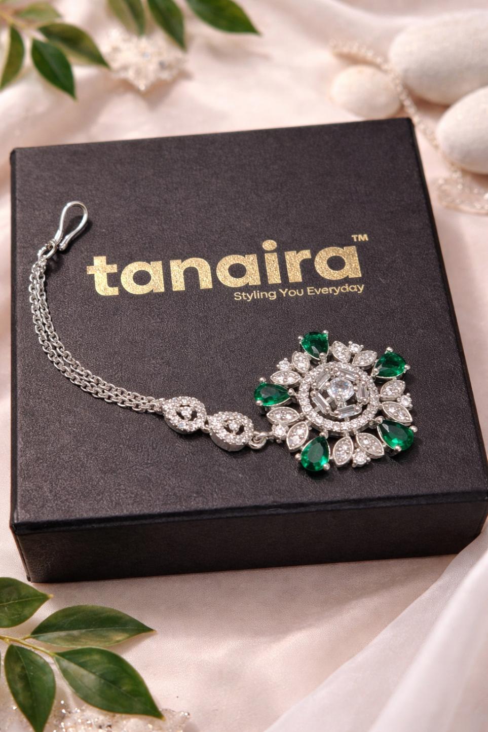 silver green ad stone floral maangtika bridal hair jewellery for women
