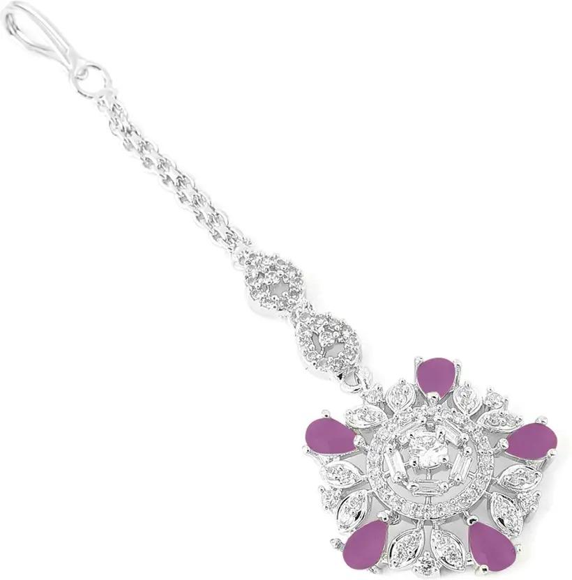 silver pink ad stone floral maangtika bridal hair jewellery for women