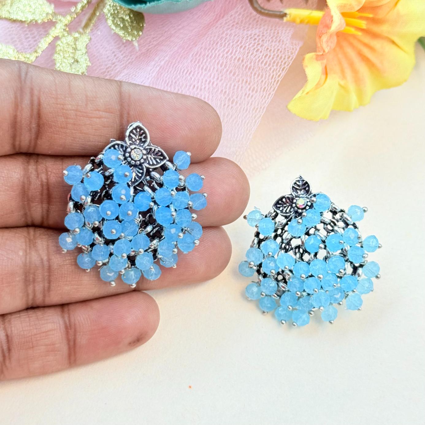 sky blue bead oxidised earrings floral design jewellery