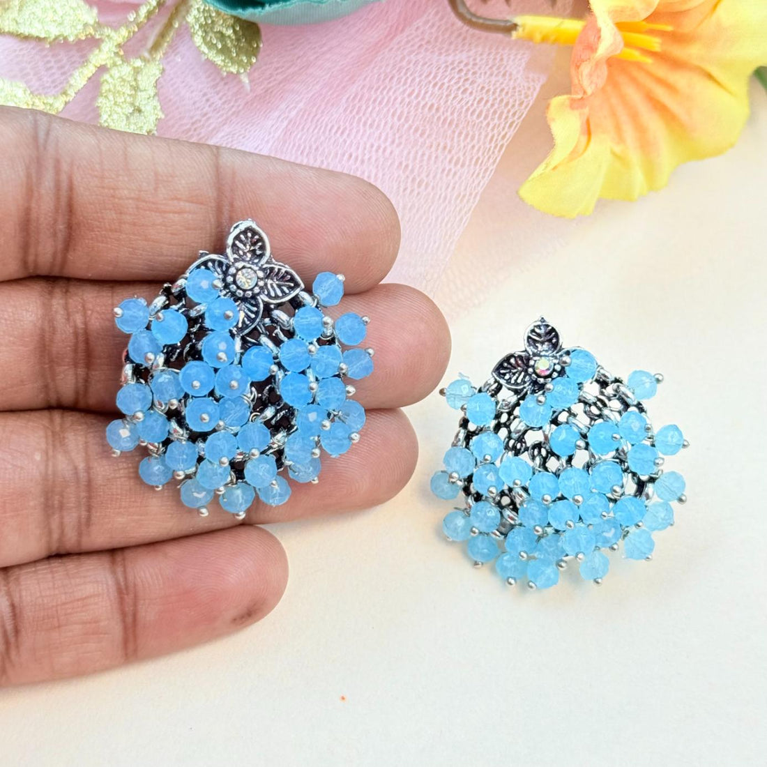 sky blue bead oxidised earrings floral design jewellery