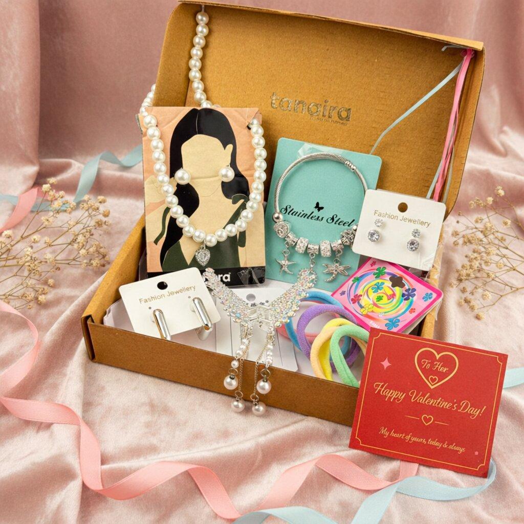 Tanaira jewellery gift hamper set with pearl necklace bracelet AD stud earrings combo for women gifting box