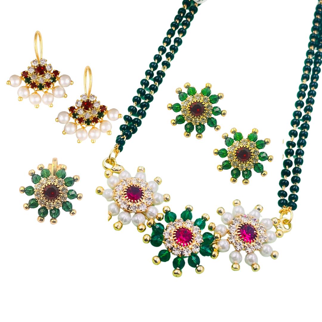 Traditional green bead necklace set with red stones and gold tone finish jewellery