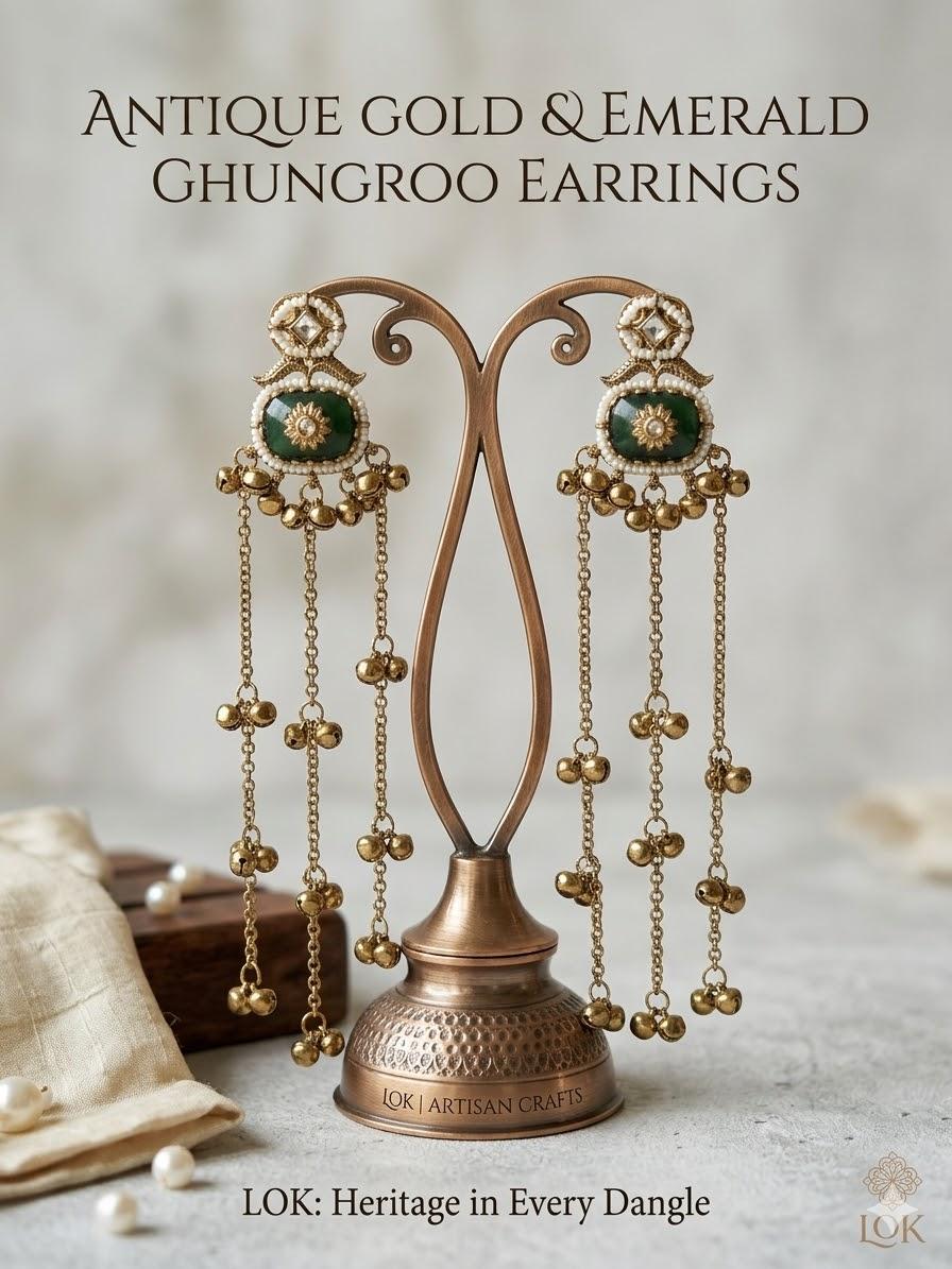 Traditional Kashmiri earrings green stone pearl ghunghroo chain hanging design