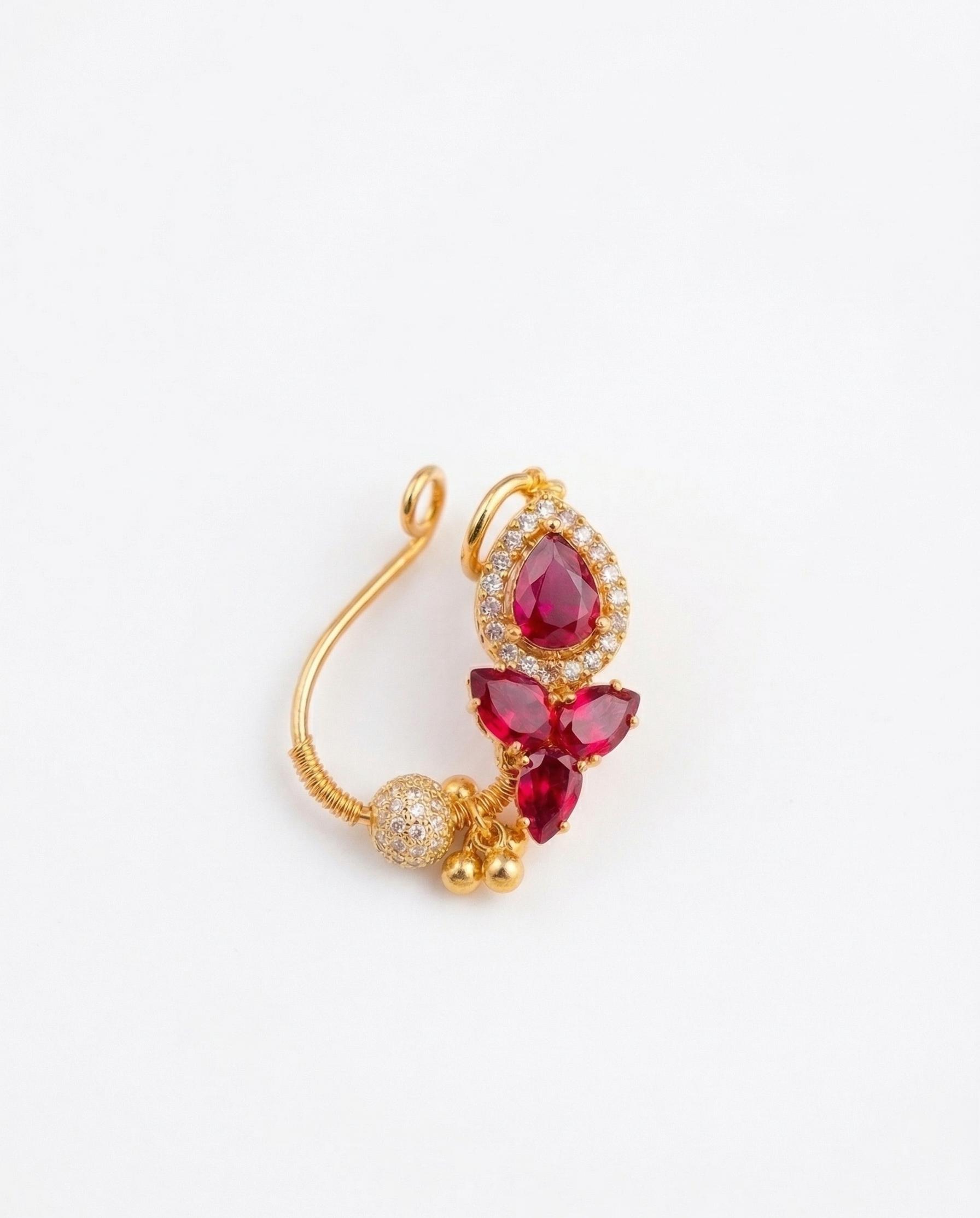 Traditional Maharashtrian Nath nose ring with stone design for women
