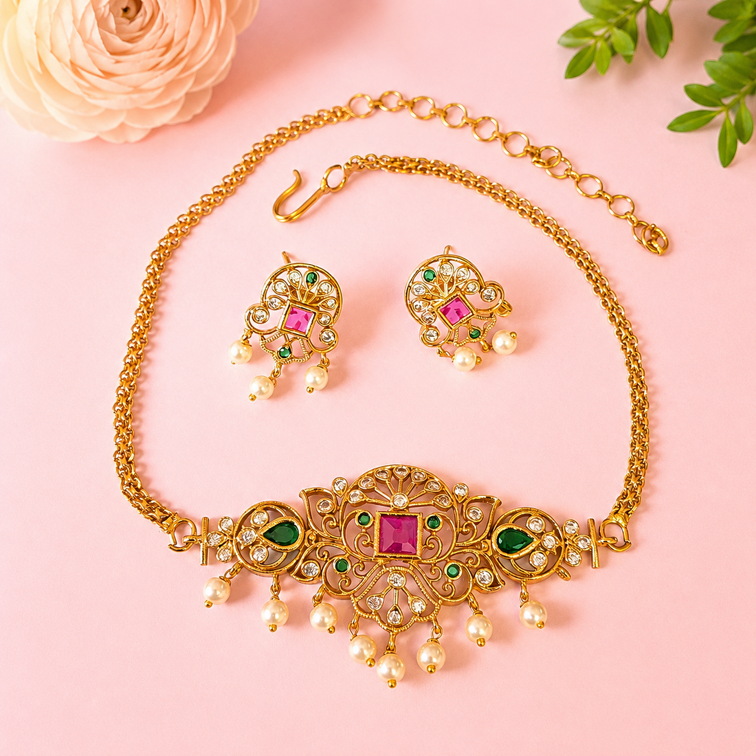 Gold Plated Smart Choker Set with pearls