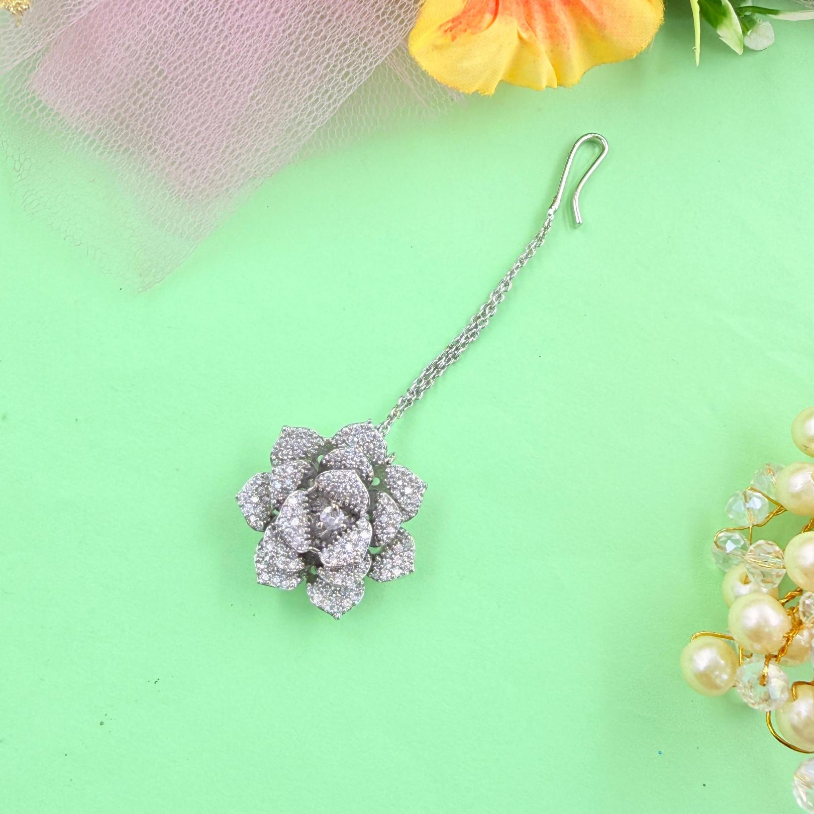 Traditional rose design silver maang tikka for wedding and festive wear