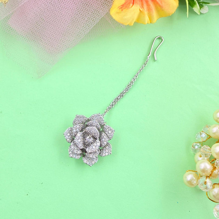 Traditional rose design silver maang tikka for wedding and festive wear