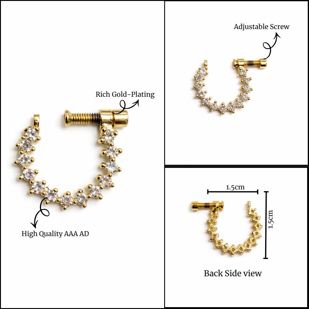 Stylish gold nose pin curved design with sparkling stones for women