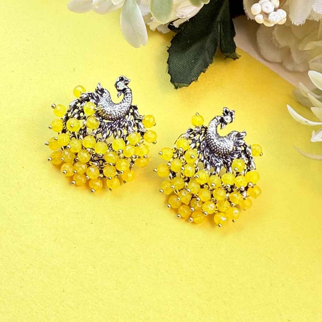 yellow bead oxidised earrings traditional floral design